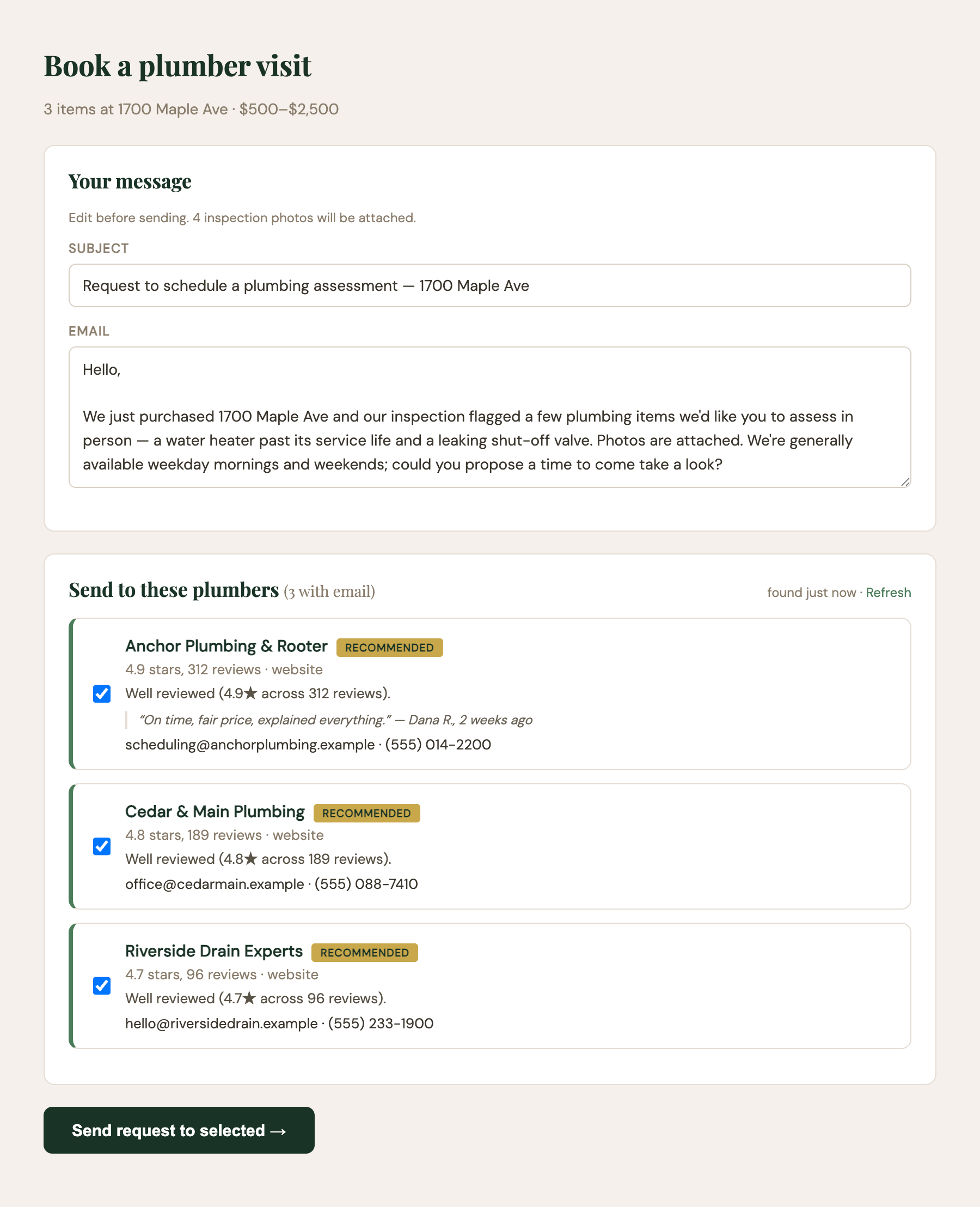 Book a visit — vetted local plumbers with an editable outreach email ready to send